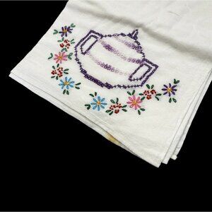 Large 25”x38” Tea Dish Towel White Linens Cross Stitch Purple Tea Pot Handmade